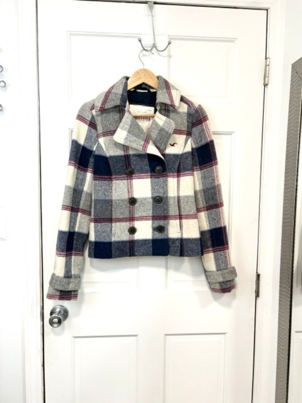 VTG Hollister Plaid Wool Blend Cropped Peacoat Small Y2K Coastal Prep Navy Red